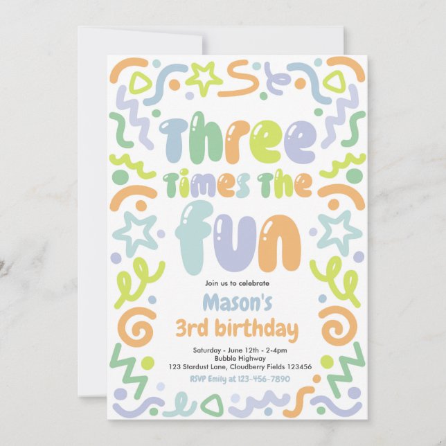 Invitation Three Times The Fun Confetti Balloon 3rd Birthday  (Devant)