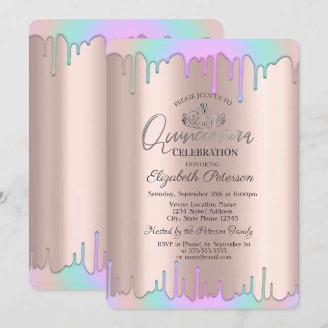 Invitation Tiara, Arc-en-ciel gouttes Rose Gold Quinceañera (Devant / Derrière)