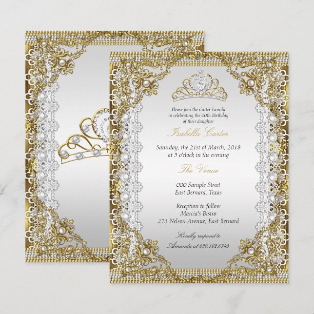 Invitation Tiara Blanc Perle Lace Damassé Fête d'anniversaire (Devant / Derrière)
