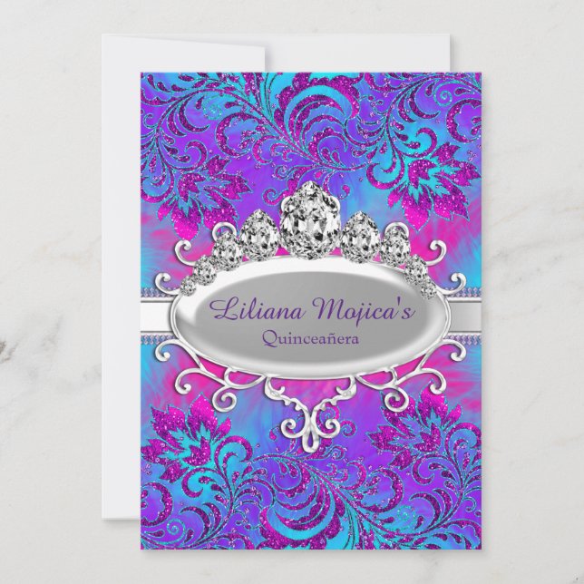 Invitation Tiara bleu violet et Parties scintillant Quinceane (Devant)