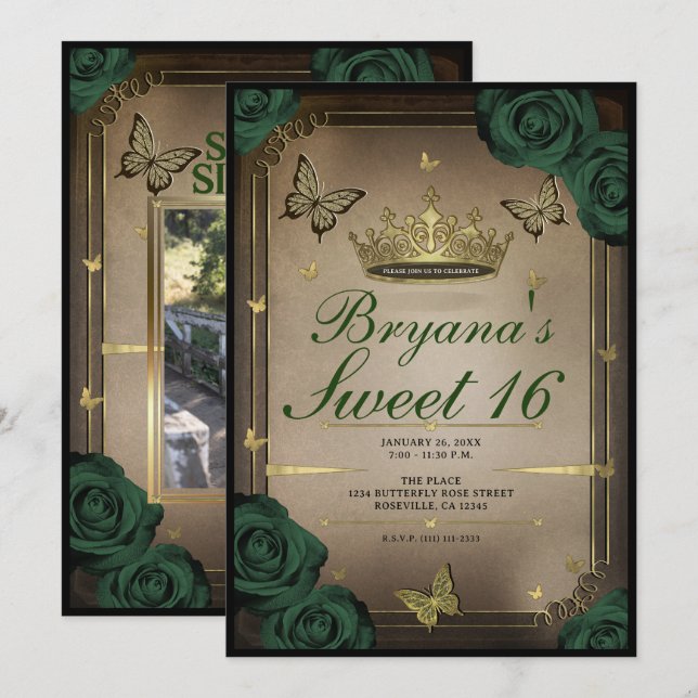 Invitation Tiara Butterflies Emerald Green Rose Sweet 16 (Devant / Derrière)