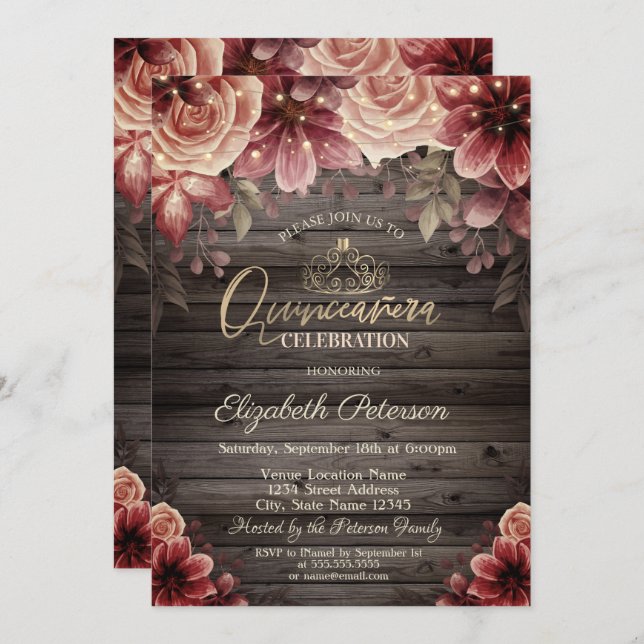 Invitation Tiara, Chaîne Fleurs Lumières Bois Quinceañera (Devant / Derrière)