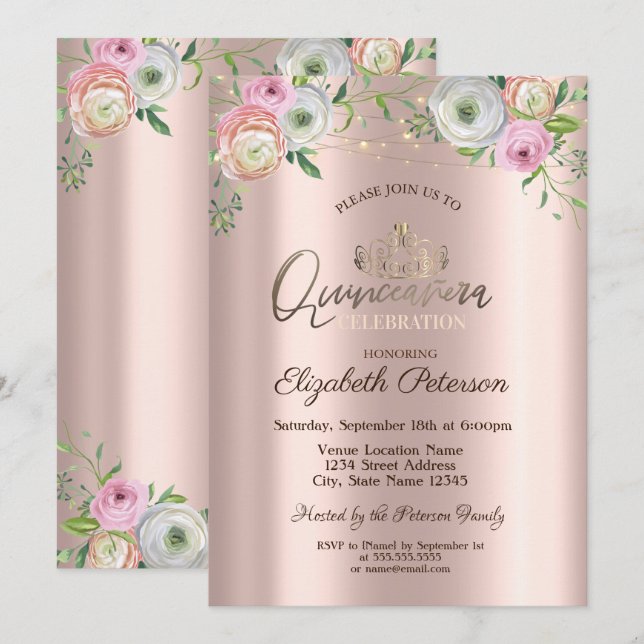 Invitation Tiara, Chic Rose Lumières à cordes Quinceañera (Devant / Derrière)