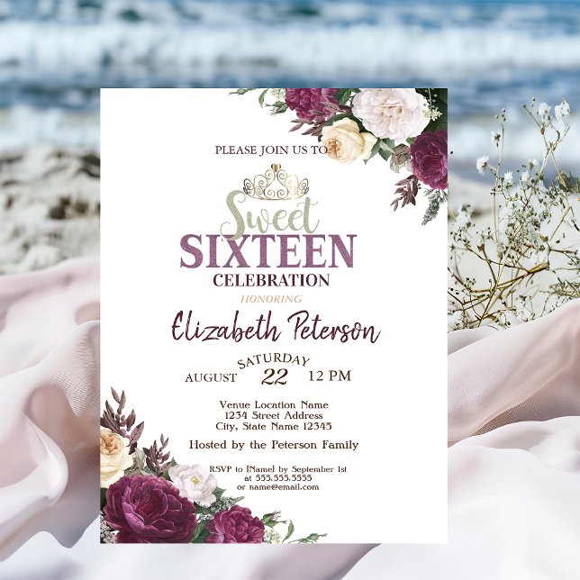 Invitation Tiara, Confetti Bourgogne Fleurs Douce 16 Partie (Créateur téléchargé)