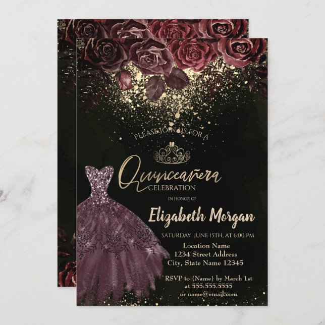 Invitation Tiara, Confetti Burgundy Fleurs Robe Quinceañera (Devant / Derrière)