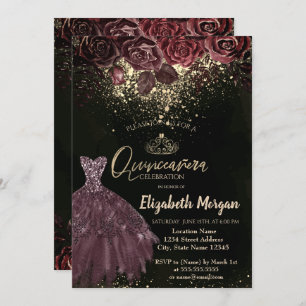 Invitation Tiara, Confetti Burgundy Fleurs Robe Quinceañera