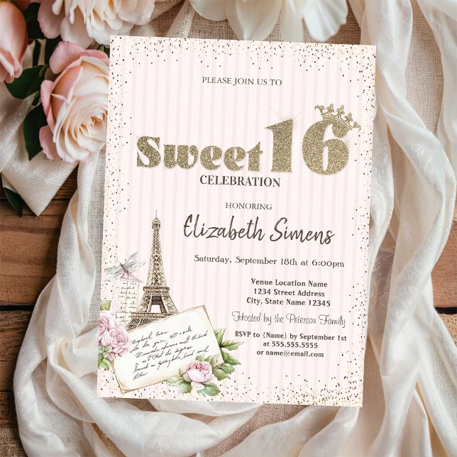 Invitation Tiara,Confetti,Eiffel Tower Roses Striped Sweet 16 (Créateur téléchargé)