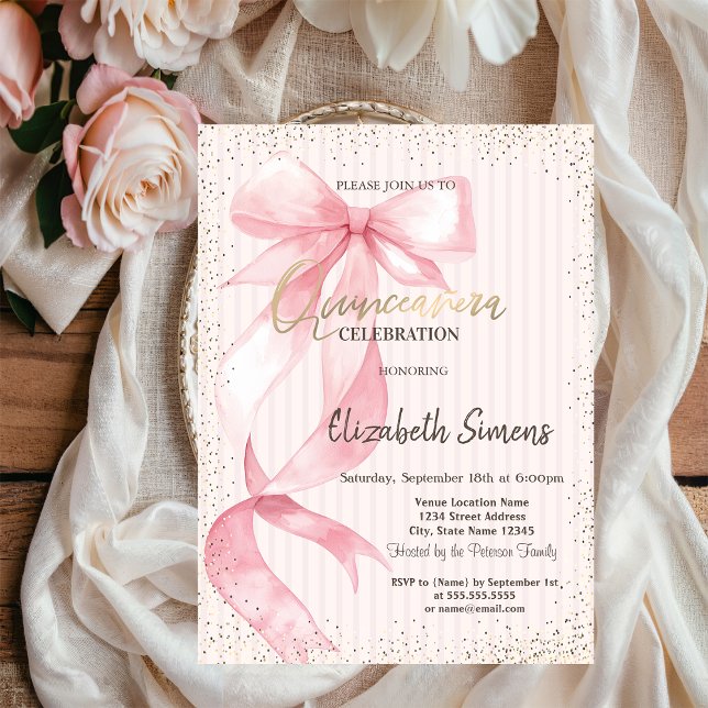 Invitation Tiara,Confetti,Pink Bow Striped Sweet 16 (Créateur téléchargé)
