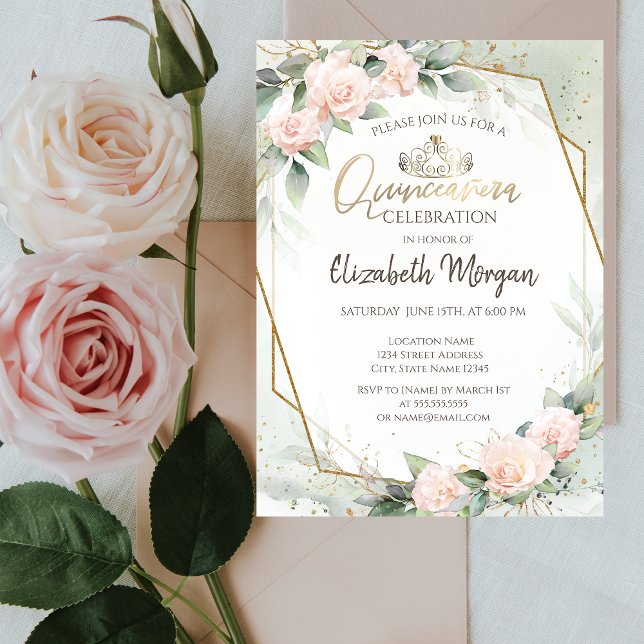 Invitation Tiara, Diamants, Aquarelle Rose Vert Quinceañera (Créateur téléchargé)