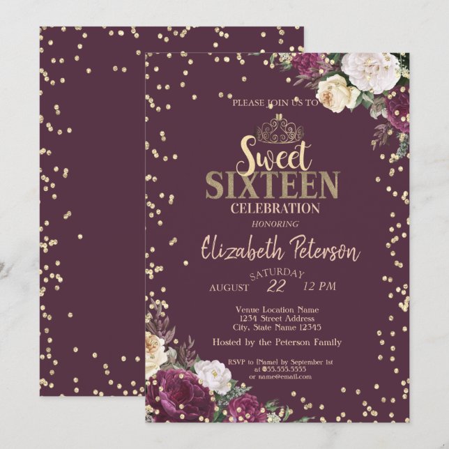 Invitation Tiara, Diamants Bourgogne Floral Sweet 16 Partie (Devant / Derrière)