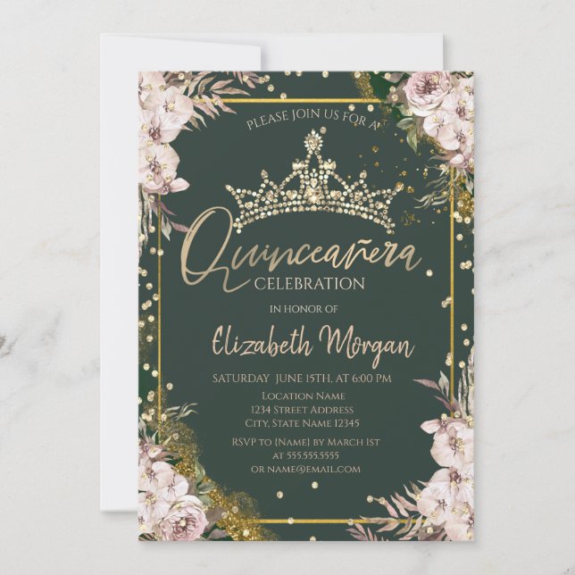 Invitation Tiara, Diamants Fleurs Boho Vert Quinceañera (Devant)