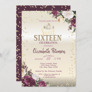Invitation Tiara, Diamants Floraux Bourgogne Sweet 16 Partie