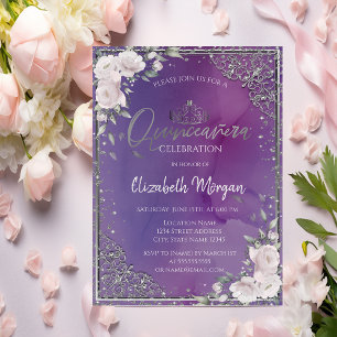 Invitation Tiara, Diamonds Frame Fleurs Violet Quinceañera