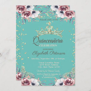 Invitation Tiara d'or, Diamants Fleurs Mint Green Quinceañera