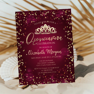 Invitation Tiara d'or élégant, Diamonds Bourgogne Quinceañera