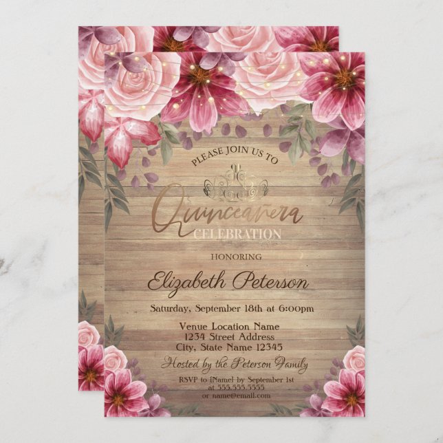 Invitation Tiara d'or, Fleurs de cordes en bois Quinceañera (Devant / Derrière)