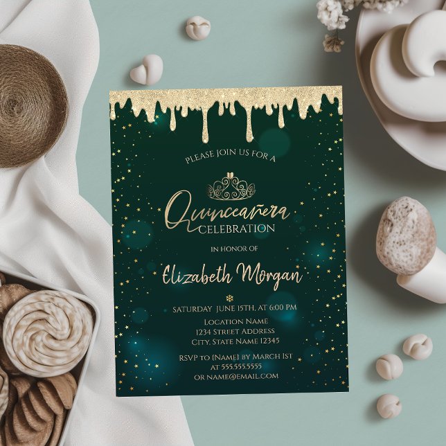 Invitation Tiara d'or, Parties scintillant vertes Quinceañera (Créateur téléchargé)