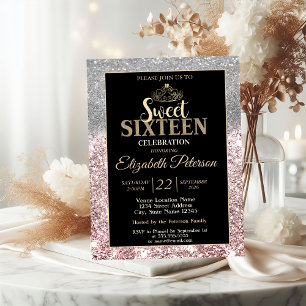 Invitation Tiara doré Bokeh argenté Rose doré Paillettes Swee