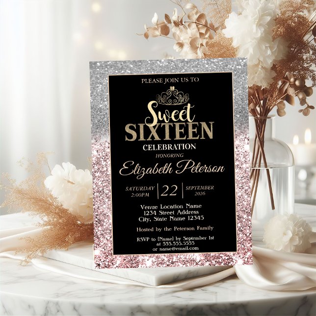 Invitation Tiara doré Bokeh argenté Rose doré Paillettes Swee (Créateur téléchargé)