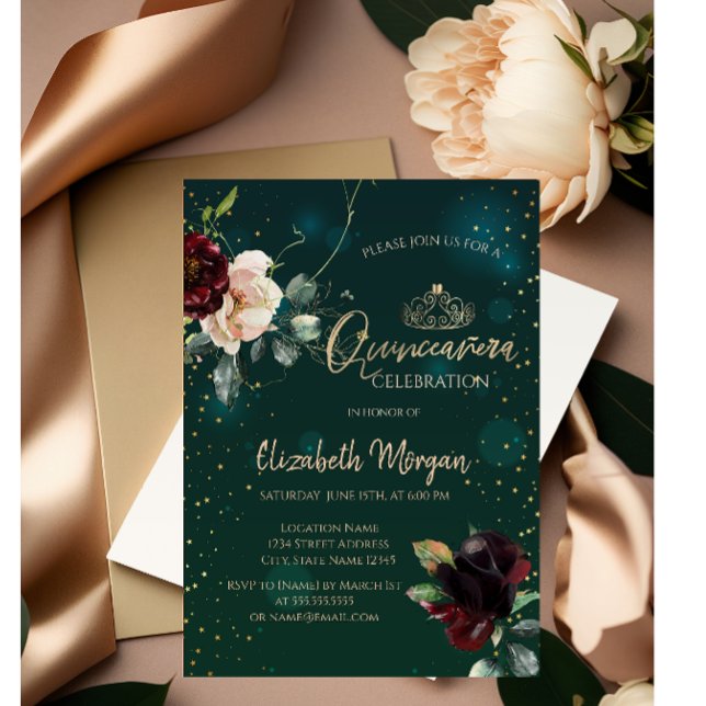 Invitation Tiara doré, Fleurs bordeaux sur fond vert pour Qui (Créateur téléchargé)