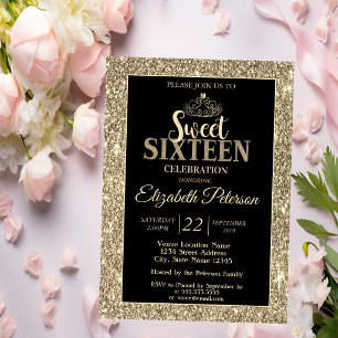 Invitation Tiara élégant et stylé en or, Fête Glitter Sweet 1