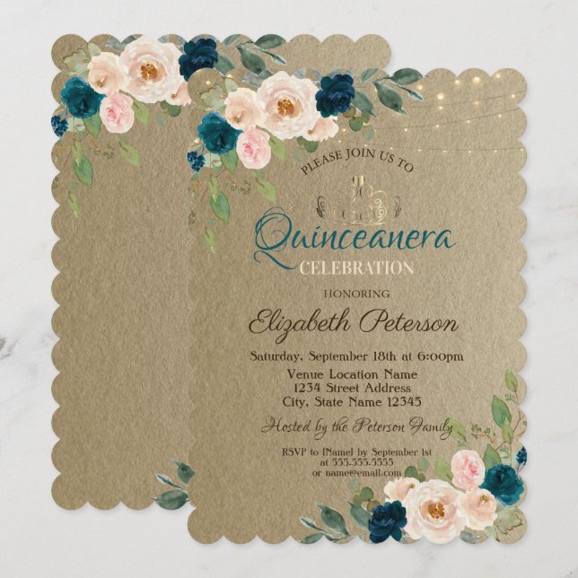 Invitation Tiara, Fleurs à cordes Kraft Quinceañera (Devant / Derrière)