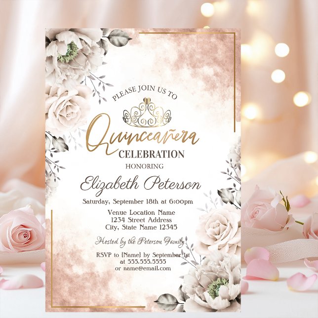 Invitation Tiara, Fleurs Blanches Quinceañera  (Créateur téléchargé)