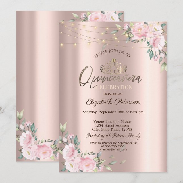 Invitation Tiara, Fleurs de cordes Roses Quinceañera (Devant / Derrière)