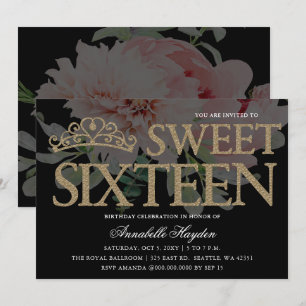 Invitation Tiara Floral Black and Gold Sweet 16
