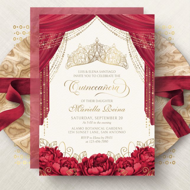 Invitation Tiara Floral Rouge Moderne Quinceanera (Créateur téléchargé)