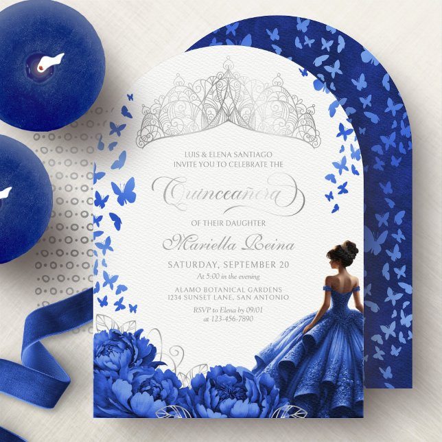 Invitation Tiara Floral Royal Blue Flowers Quinceanera (Créateur téléchargé)