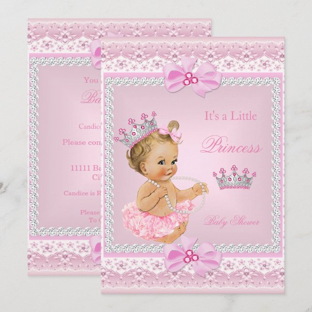 Invitation Tiara Girl Princess Baby shower Perles roses Blond (Devant / Derrière)