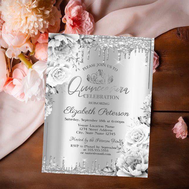Invitation Tiara, gouttes de paillettes argentées Fleurs Quin (Créateur téléchargé)