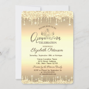 Invitation Tiara, gouttes de paillettes dorées Quinceañera