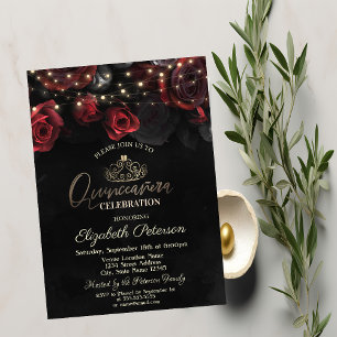 Invitation Tiara,Guirlandes de Roses Noires Quinceañera