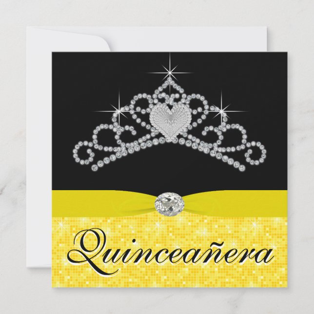 Invitation Tiara jaune noire Quinceanera (Devant)