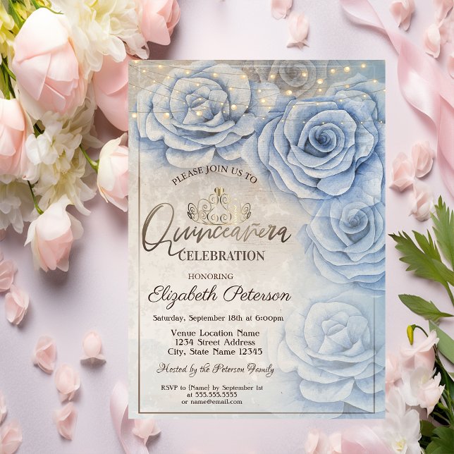 Invitation Tiara, Lumière à cordes Roses bleus Quinceañera (Créateur téléchargé)