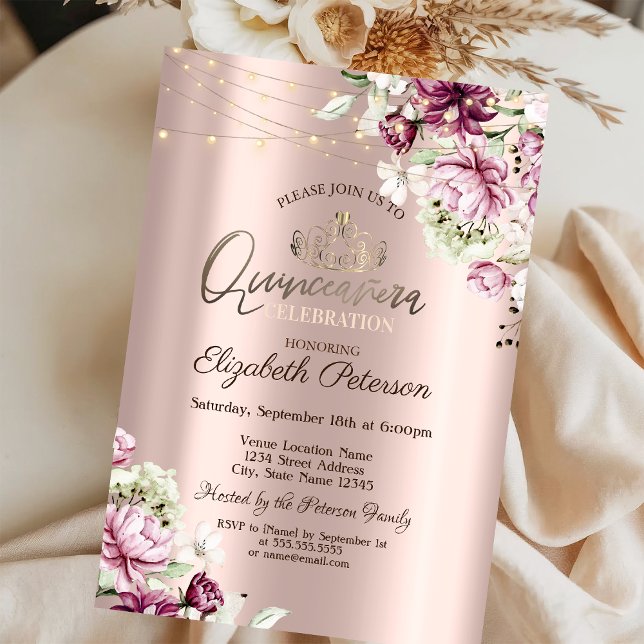 Invitation Tiara, Lumières à cordes Fleurs roses Quinceañera (Créateur téléchargé)