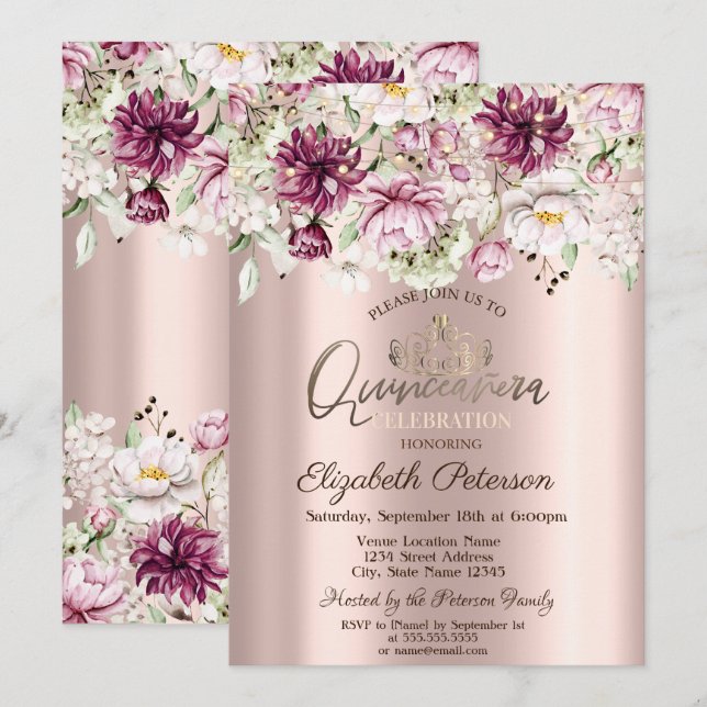 Invitation Tiara, Lumières à cordes, Fleurs roses Quinceañera (Devant / Derrière)