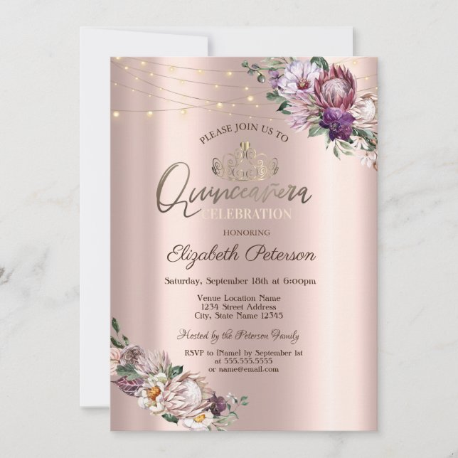 Invitation Tiara, Lumières à cordes Fleurs tropicales Quincea (Devant)