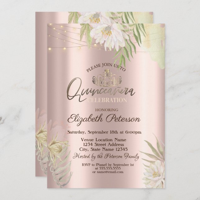 Invitation Tiara, Luminaires à cordes Fleurs Boho Quinceañera (Devant / Derrière)