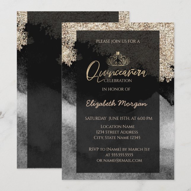 Invitation Tiara Moderne Élégant en Or, Marbre, Confettis (Devant / Derrière)