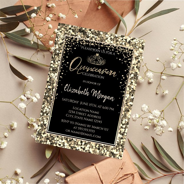 Invitation Tiara Moderne Élégante en Or, Quinceanera à Paille (Créateur téléchargé)