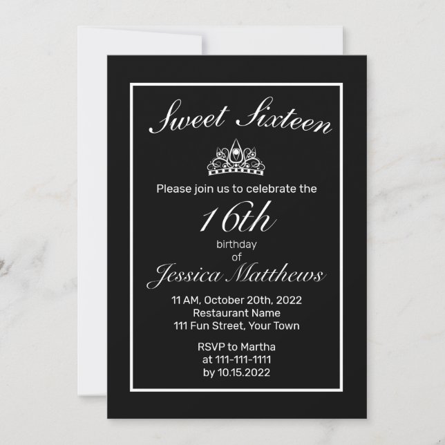 Invitation Tiara Moderne minimaliste blanc noir doux 16 (Devant)