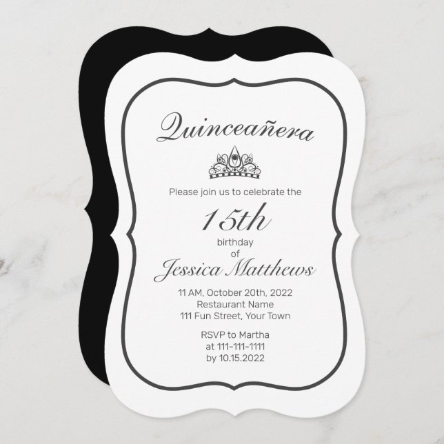Invitation Tiara Moderne Minimaliste Blanc Noir Quinceañera (Devant / Derrière)