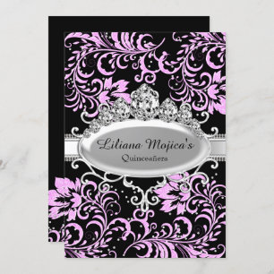 Invitation Tiara noir rose & Parties scintillant Quinceanera 