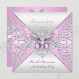 Invitation Tiara papillon rose Quinceanera 15ème parti