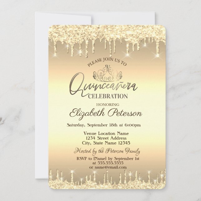 Invitation Tiara, Parties scintillant d'or gouttes Quinceañer (Devant)