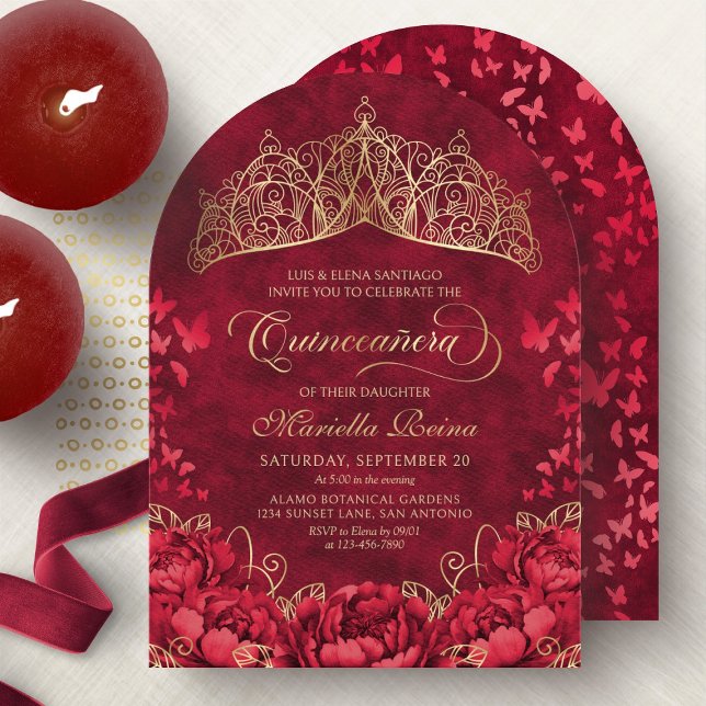 Invitation Tiara Princess Red Gold Elegant Quinceanera (Créateur téléchargé)