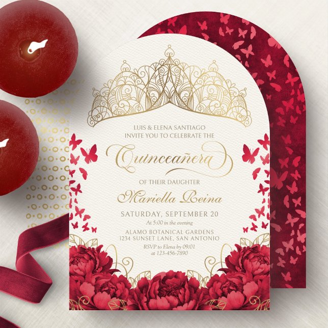 Invitation Tiara Princess Red Gold Elegant Quinceanera (Créateur téléchargé)